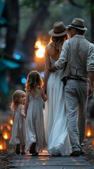 Fototapeta premium A family of four walks away holding hands along a wooden path illuminated by warm lanterns against a soft background.