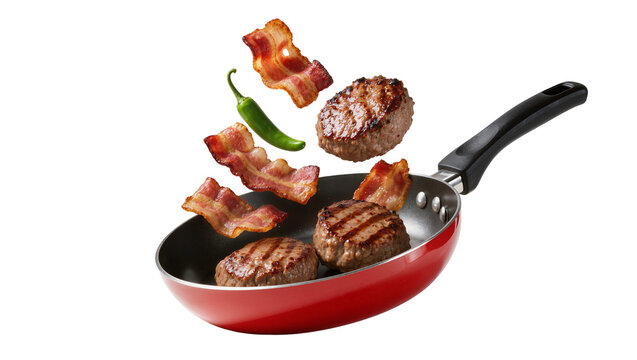 Grilling beef patties bacon strips, and jalapeno pepper in red frying pan