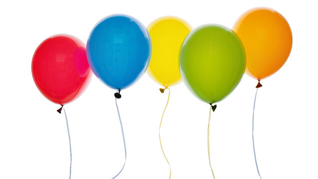 Five colorful balloons red blue yellow green orange with strings