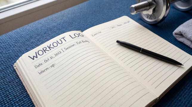 Open notebook with handwritten text reading "WORKOUT LOG" and a black pen, resting on a blue textured yoga mat next to a chrome dumbbell and a gray towel.