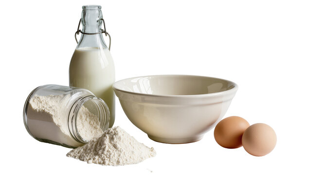 Milk in bottle flour in jar and bowl, eggs for baking