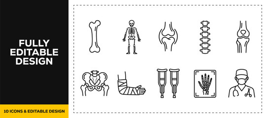 flat vector illustration line art icon bundle set design covering orthopedics bone skeleton anatomy spine joint fracture cast crutches injury medical care hospital ui app © SQUISH