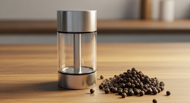 Coffee beans and grinder on table.
