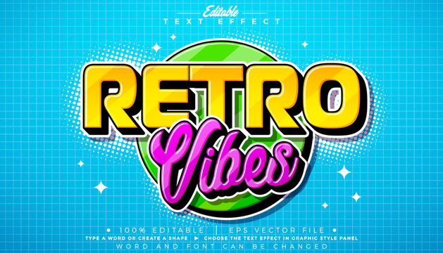 Retro Vibes Editable Text Effect Graphic Style with 3d Typography Lettering on Blue Background. Premium Scalable Mockup Illustration Template for Greeting Card, Party Flyer, Sale Banner, Celebratio