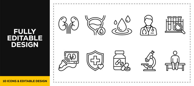 flat vector illustration line art icon bundle set design about urology kidney organ anatomy body bladder urine test medical health care clinic disease internal medicine