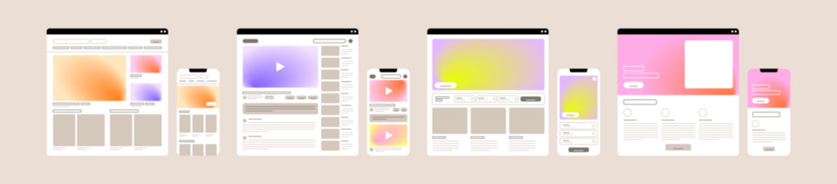 Web page, UI designs. Site wireframe, lay out templates set. Website content layout, framework for desktop window and smartphone app screen, for computer and mobile phone. Flat vector illustrations