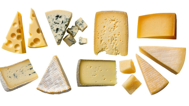 Assortment of cheese wedges and cubes including Swiss blue brie, and hard cheeses