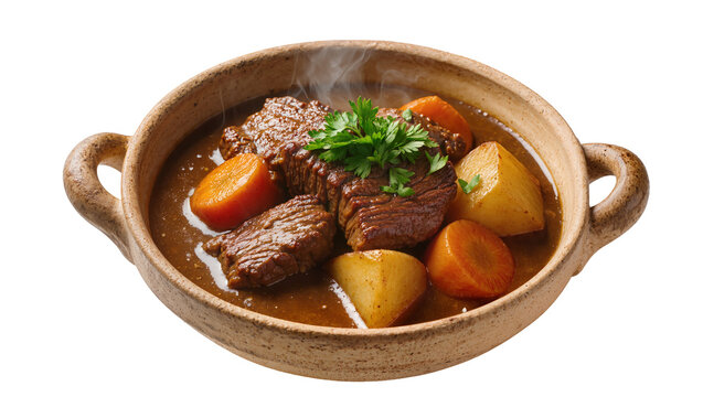 Hearty beef stew with potatoes and carrots in rustic bowl