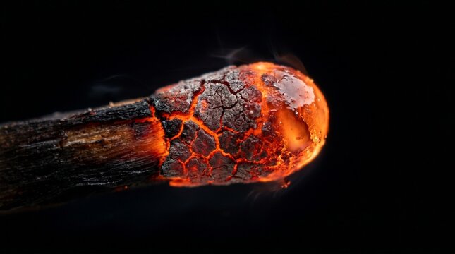 Glowing Matchstick Head, extreme macro, burning ember texture, dark black background, ultra sharp detail