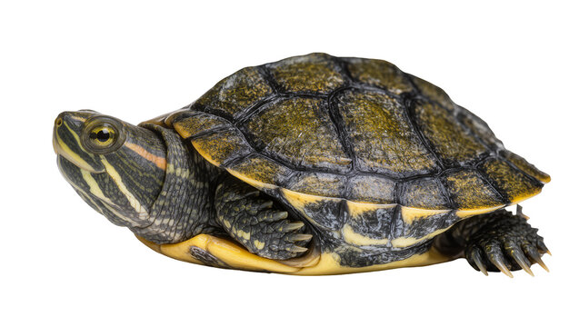 Red-eared slider turtle with yellow stripes on head and shell