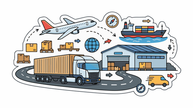 A colorful illustration of a truck, airplane, and ship transporting boxes and containers