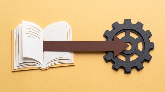 Minimalist papercut art of an open white book with a brown arrow pointing directly into a black cog gear on a warm yellow backdrop, concept of technical learning and process implementation.