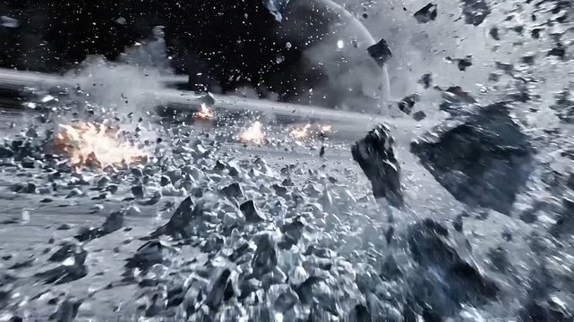 Asteroid fragments collide with ringed planet surface, sending fiery impacts and icy debris across barren space landscape, with dark moons, smoke trails, explosive shock waves, and cratered terrain.