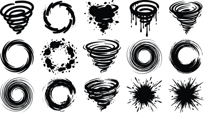 Illustration of Collection of black swirling abstract tornado and splash effects on white background.