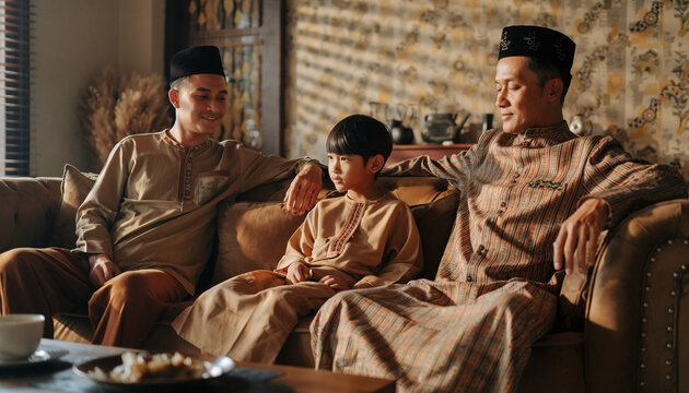 Three males, likely a family, dressed in traditional attire are sitting closely together on a comfortable sofa indoors during golden hour lighting.