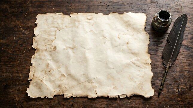 Old parchment paper with quill pen resting on dark surface