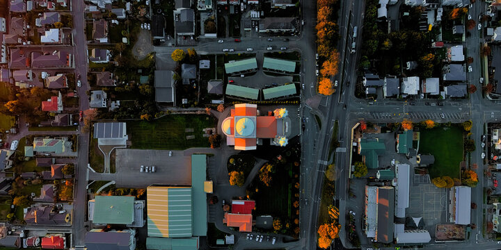 Aerial view of the church at sunset, Sacred Heart Basilica in Timaru