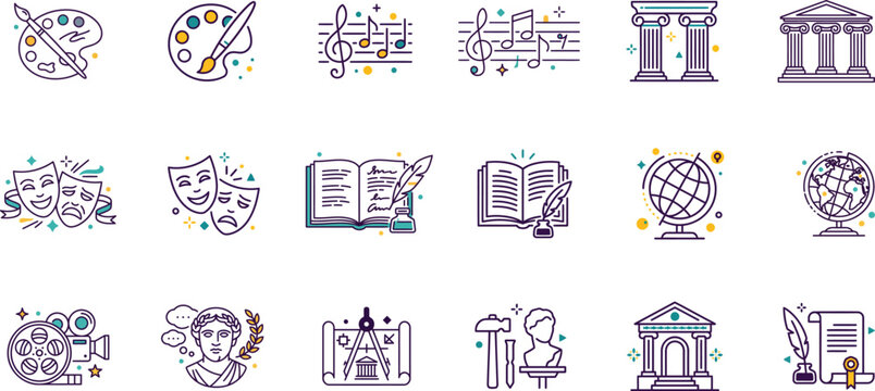 Set of fifteen flat line style icons representing various subjects of liberal arts and humanities
