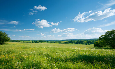 Fototapeta premium A lush field with beautiful and vibrant blue sky. The field should be full of greenery and flowers flowing in the wind