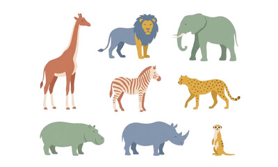 Obraz premium Cute African safari animals vector set with cartoon giraffe, lion, elephant, zebra, and cheetah illustrations