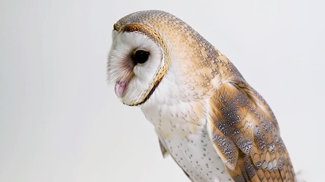 Barn owl portrait against white background.