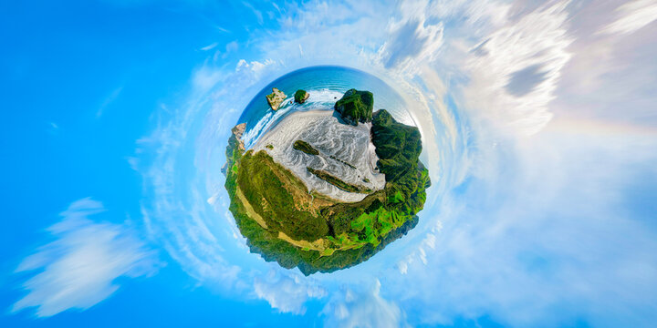 Spherical panoramic aerial shot, bizarre rocks, wild coast and beaches, New Zealand