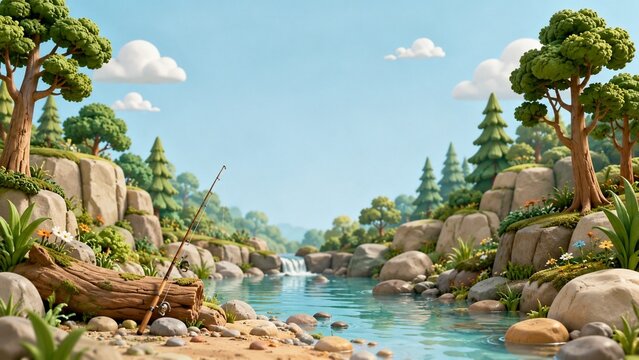 nature fishing spot background background with copy space, Clay 3D style