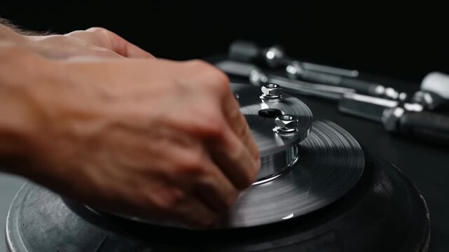 Hands assembling adapter onto polished disc rotor during maintenance sequence