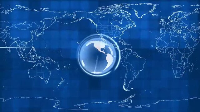 Blue Digital World Map Background with Rotating Globe, Abstract Technological Interface, Futuristic Cyber Communication and Global Connection Concept Motion Graphic