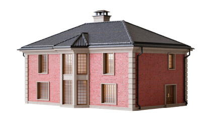 Red brick house with dark gray roof and white trim © Emma