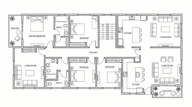 Minimalist Architectural Floor Plan: Black and White Villa Layout Vector
