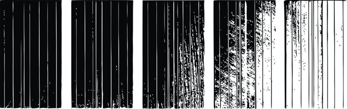 A set of six black and white barcode textures with varying levels of distress and degradation