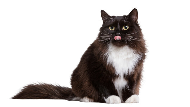 Fluffy black and white cat with tongue sticking out