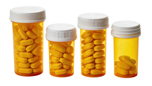 Four amber prescription bottles filled with yellow oval pills