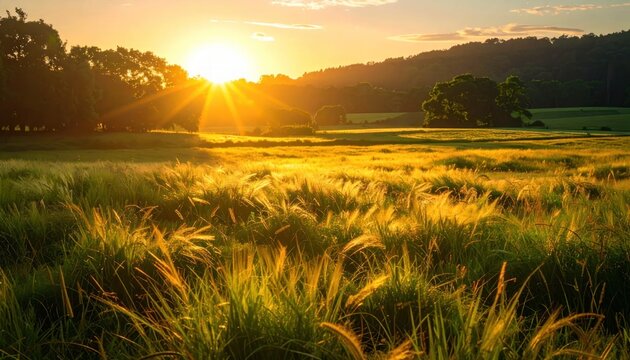 Golden wheat field at sunset landscape.
