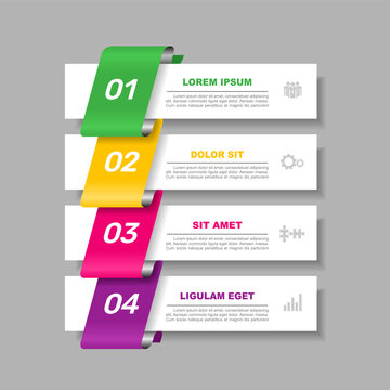 Four-step vertical banner infographic template with folded number tabs, placeholder text, business icons. Vector illustration.