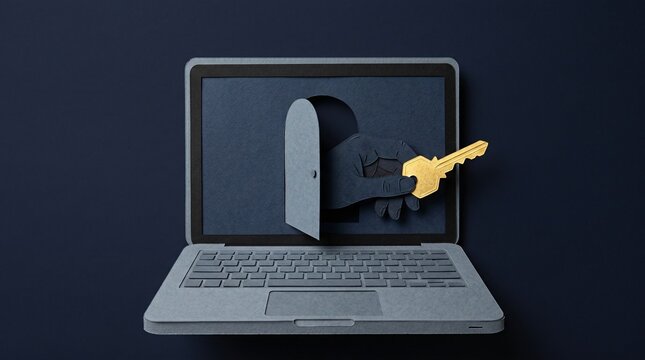 Papercut art of a gray laptop with a dark hand silhouette reaching through a secret screen door holding a gold key on a black background, concept of cybersecurity breach and data theft.