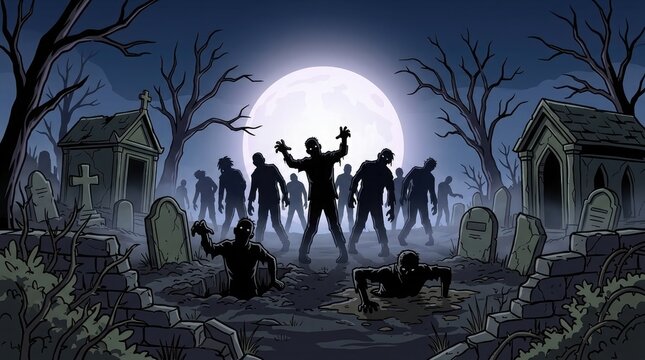 Halloween zombie horde in graveyard scene spooky illustration