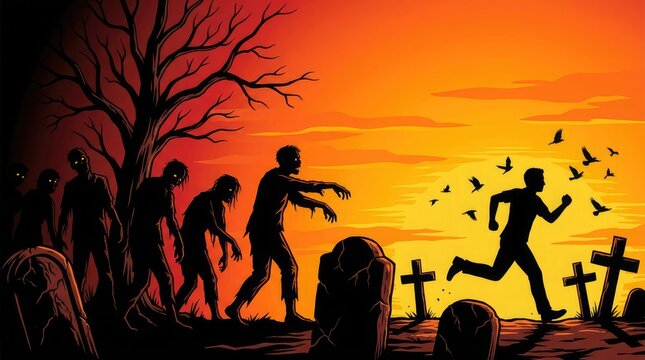 Halloween zombie apocalypse scene at sunset with graveyard and bare tree