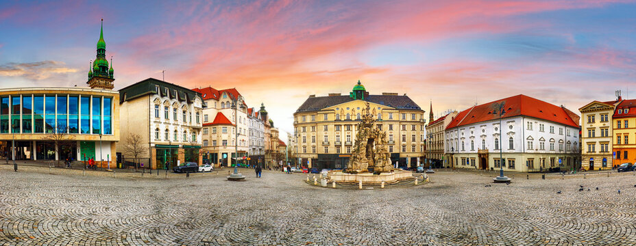 Brno - panorama of Zerny trh square in the old town - Moravia, Czech Republic at sunsrise, nobody
