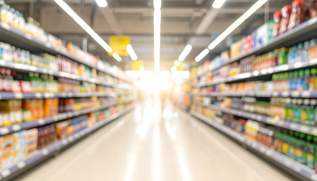 Aisle of products in a brightly lit supermarket with shelves stocked full.