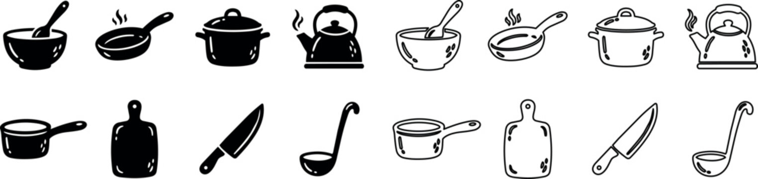 Set of kitchen utensils including bowl, frying pan, pot, kettle, saucepan, cutting board, utensil, and ladle icons