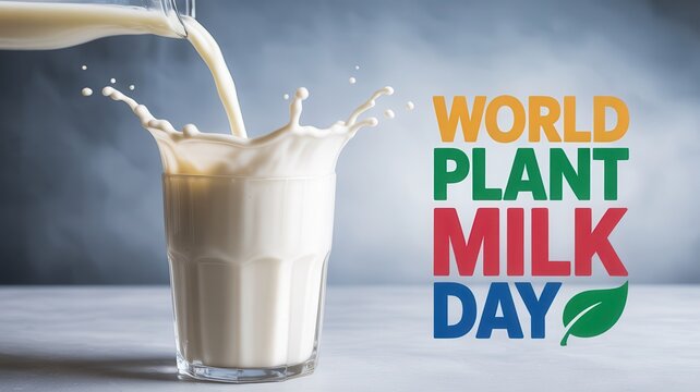 World Plant Milk Day concept with milk pouring into a glass and splashing