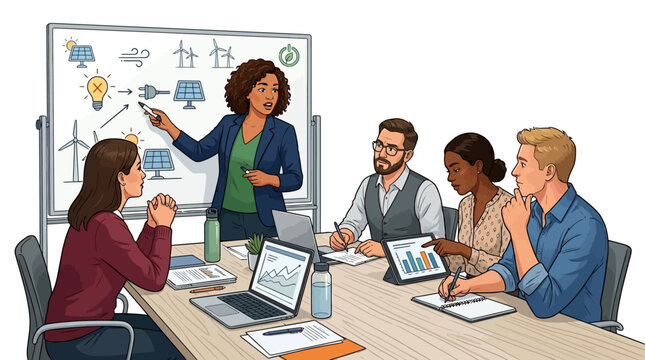 A woman presents a graph on a whiteboard to a diverse group of colleagues in a meeting with laptops and notes on a wooden table.