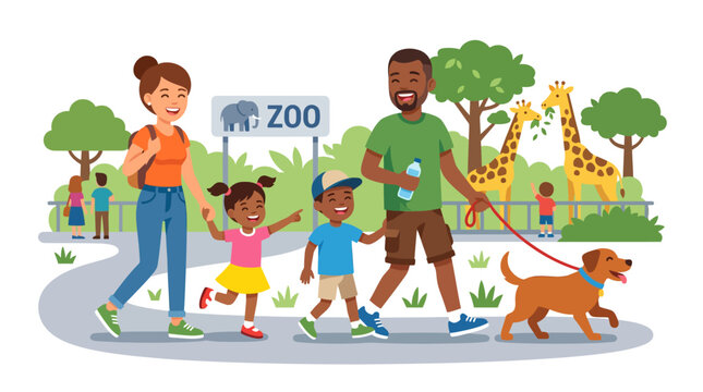 Happy Family Visiting Zoo With Giraffes and Dog