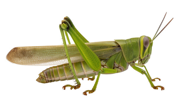 Green grasshopper with large wings and segmented body