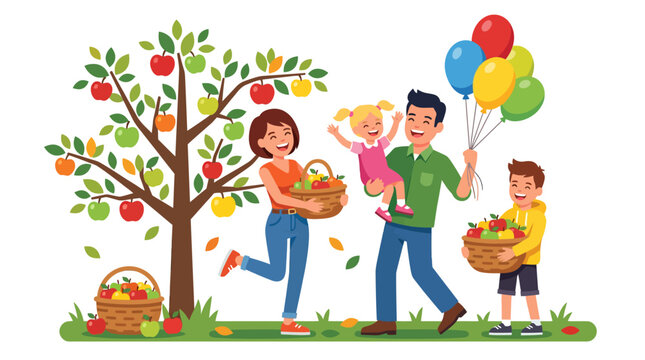 Happy Family Apple Picking in Orchard with Balloons and Baskets - Autumn Fun