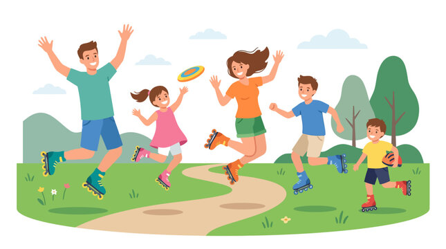 Happy family rollerblading and playing frisbee in a park, summer outdoor activity