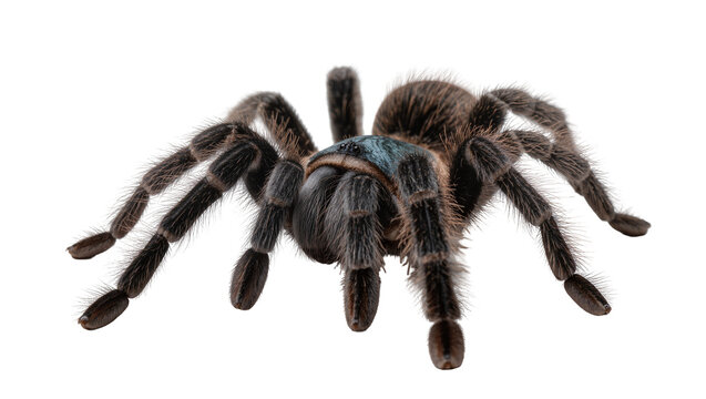 Fluffy dark tarantula spider with blue cephalothorax