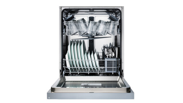 Open dishwasher with clean plates glasses, and cutlery inside